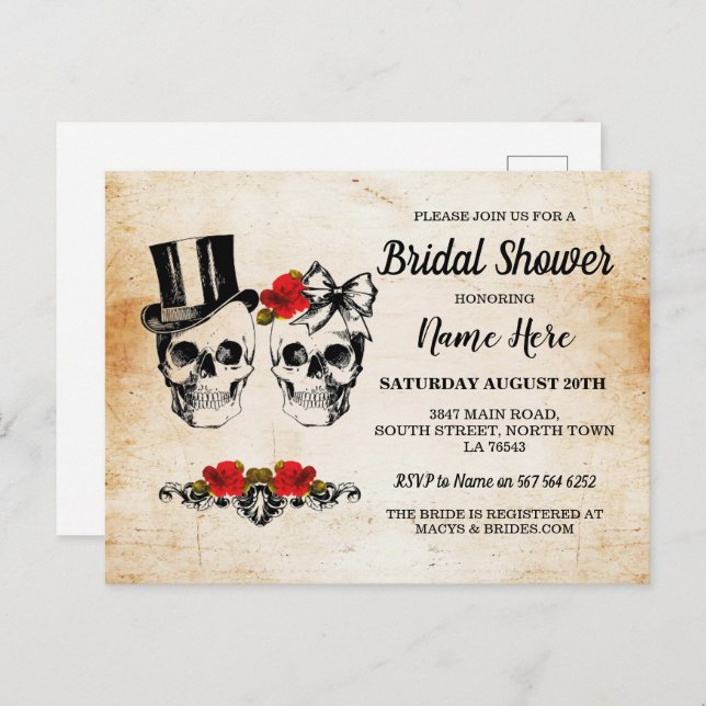 Bridal Shower Skulls Roses Rustic Bow  Postcard (Front/Back)