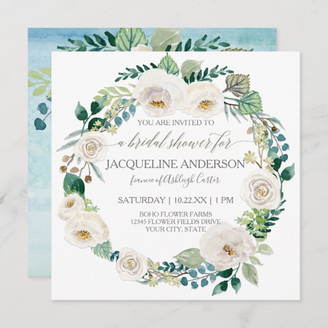 Bridal Shower Sky Blue Alabaster Roses Leaf Wreath Invitation (Front/Back)
