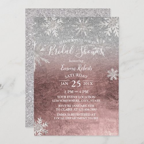 Bridal Shower Snowflakes Modern Rose Gold  Silver Invitation