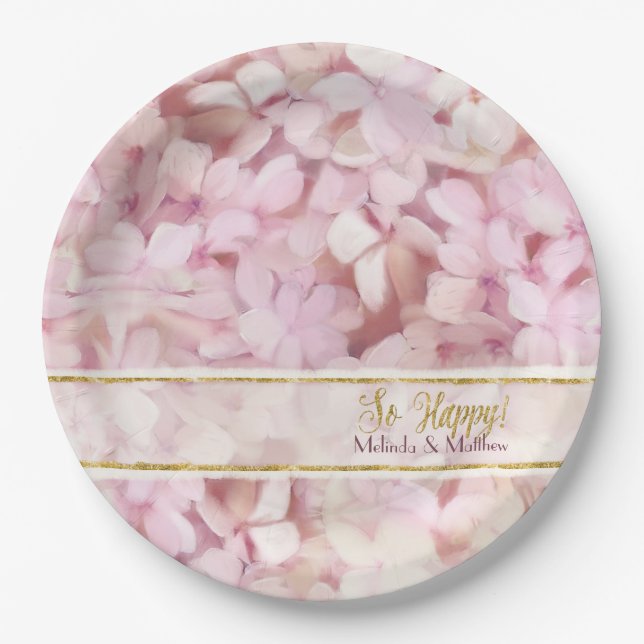 Bridal Shower Softly Summer Pink Hydrangea Glitter Paper Plates (Front)