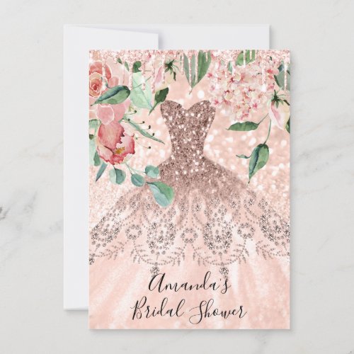 Bridal Shower Spark Rose Gold Pink Dress  Florals Invitation