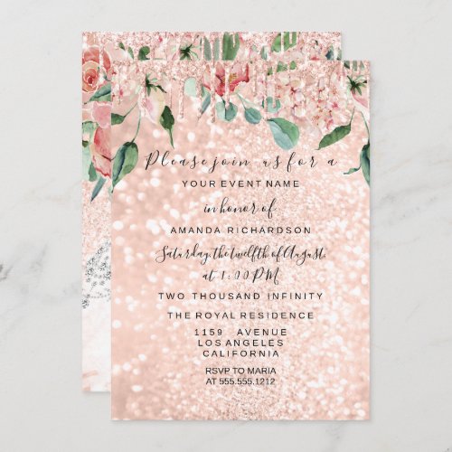 Bridal Shower Spark Rose Gold White Dress  Florals Invitation