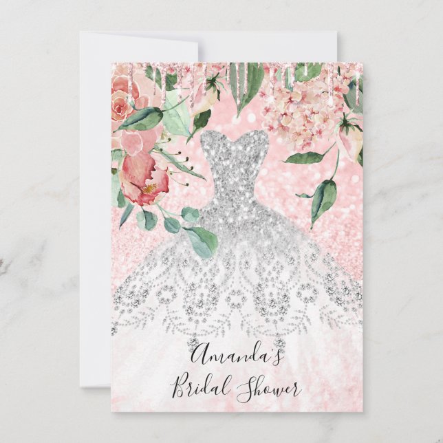 Bridal Shower Spark Rose Pink  Dress White Gray Invitation (Back)