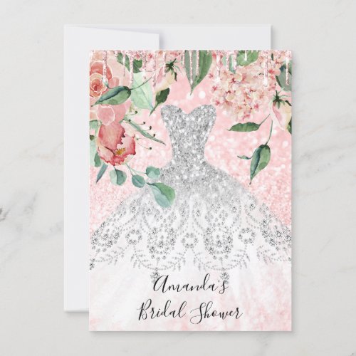 Bridal Shower Spark Rose Pink  Dress White Gray Invitation