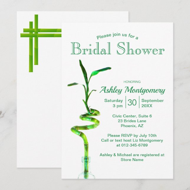 Bridal Shower Spiraled Lucky Bamboo Over White Invitation (Front/Back)