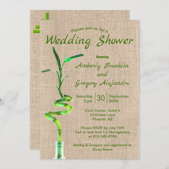 Bridal Shower Spiraled Lucky Bamboo Rustic Burlap Invitation (Front/Back)