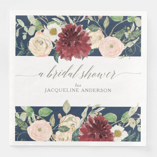 Bridal Shower Spring Burgundy Rose Floral Foliage Paper Dinner Napkins