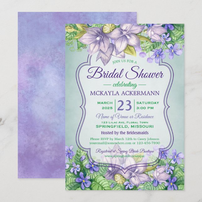 Bridal Shower Spring Wedding Watercolor Violets Invitation (Front/Back)