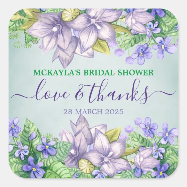 Bridal Shower Spring Wedding Watercolor Violets Square Sticker (Front)