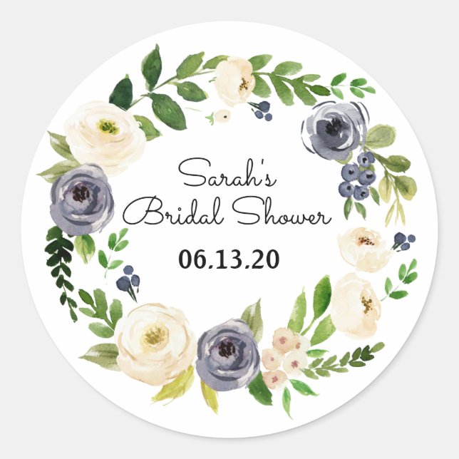 Bridal Shower Stickers Favors Floral Blue (Front)