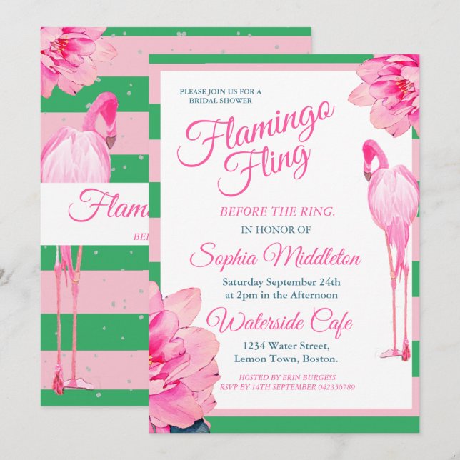 Bridal Shower Stripe Green Floral Flamingo Fling Invitation (Front/Back)