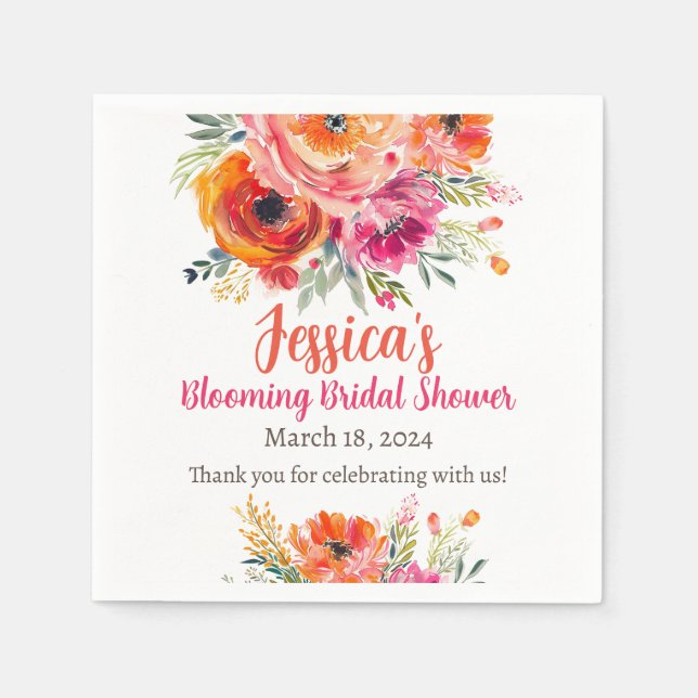 Bridal Shower Summer Orange and Pink Florals Napkins (Front)