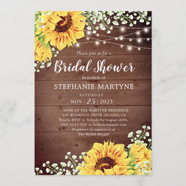 Bridal Shower Sunflower Babys Breath Lights Rustic Invitation (Front)