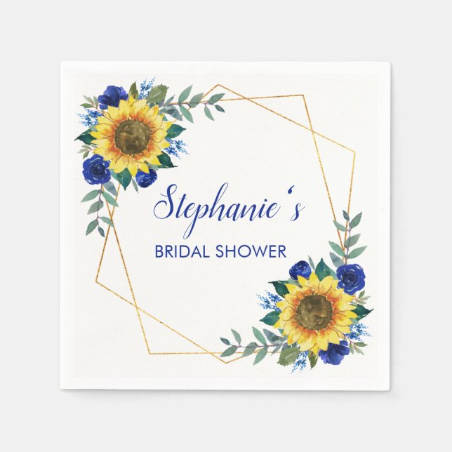 Bridal Shower Sunflower Blue Floral Geometric Napkins (Front)