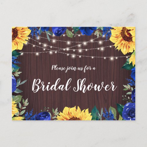 Bridal Shower Sunflower Blue Floral Lights Wood Invitation Postcard