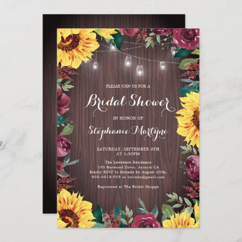 Bridal Shower Sunflower Burgundy Rose Jar Lights Invitation