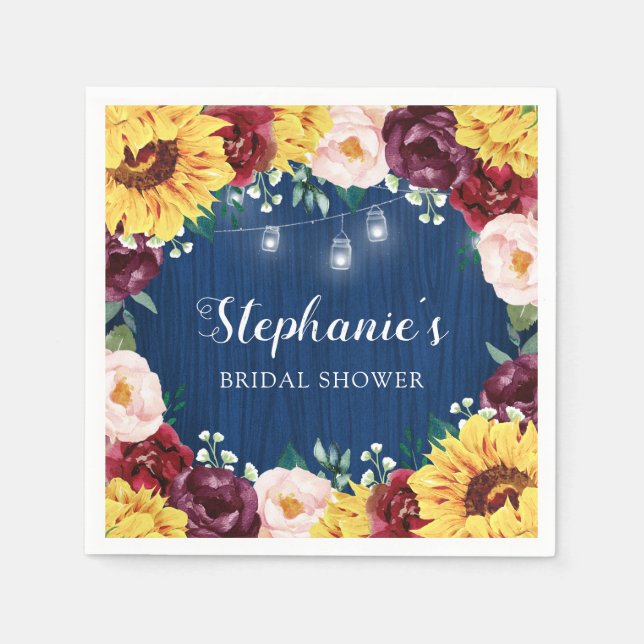 Bridal Shower Sunflower Fall Floral Navy Blue Napkins (Front)