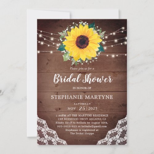 Bridal Shower Sunflower Lace Babys Breath Lights Invitation