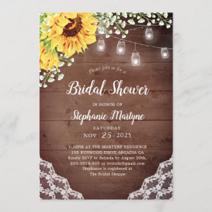 Bridal Shower Sunflower Lace MasonJar Lights Invitation