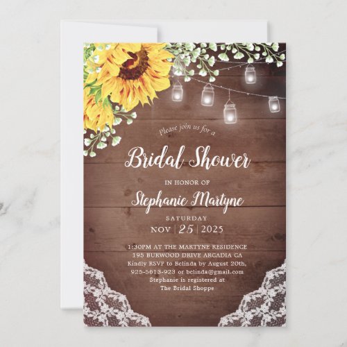 Bridal Shower Sunflower Lace MasonJar Lights Invitation
