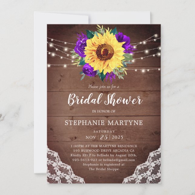 Bridal Shower Sunflower Lace Purple Floral Rustic Invitation (Front)