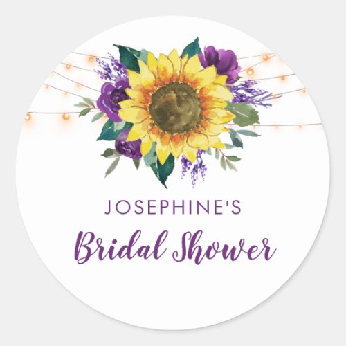 Bridal Shower Sunflower Lights Purple Floral Classic Round Sticker