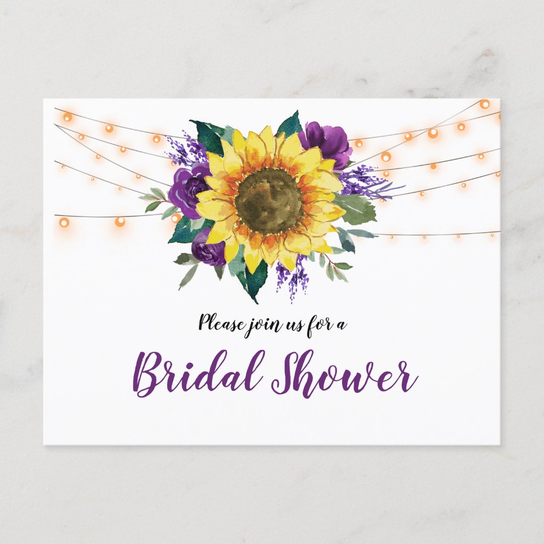 Bridal Shower Sunflower Lights Purple Floral Invitation Postcard Zazzle