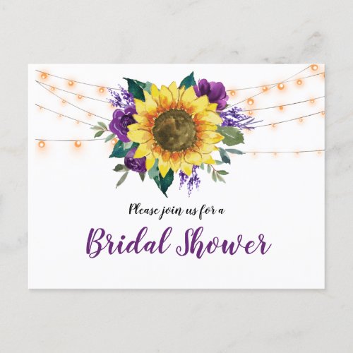 Bridal Shower Sunflower Lights Purple Floral Invitation Postcard