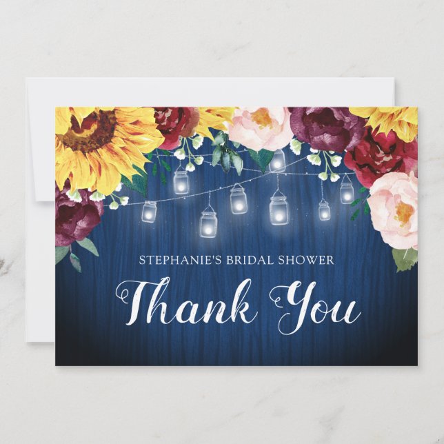 Bridal Shower Sunflower Mason Jar Lights Thank You Card (Front)
