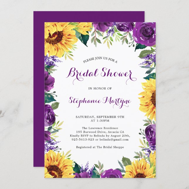 Bridal Shower Sunflower Purple Floral Border Invitation (Front/Back)