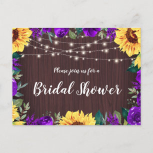 Bridal Shower Sunflower Purple Floral Lights Wood Invitation Postcard