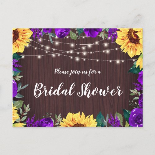 Bridal Shower Sunflower Purple Floral Lights Wood Invitation Postcard