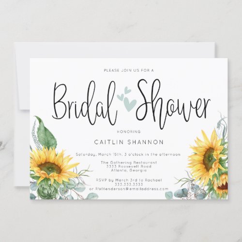 Bridal Shower Sunflower with Sage Green Hearts  Invitation