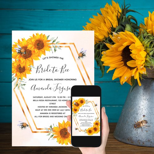 Bridal shower sunflowers bee luxury invitation