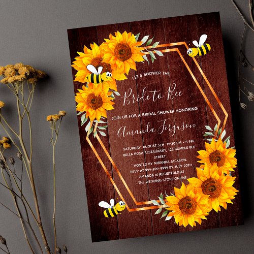 Bridal shower sunflowers brown wood bee rustic invitation
