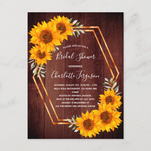 Bridal shower sunflowers brown wood invitation postcard