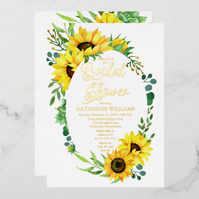 Bridal Shower Sunflowers | Eucalyptus Floral Frame Foil Invitation (Front/Back)