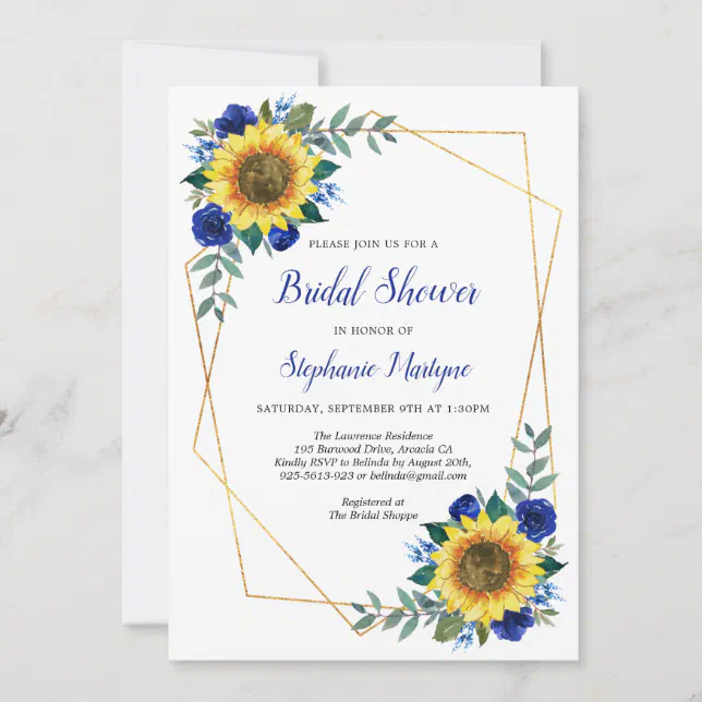 Bridal Shower Sunflowers Geometric Floral Blue Invitation | Zazzle