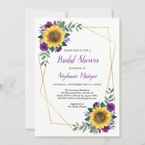 Bridal Shower Sunflowers Geometric Floral Purple Invitation