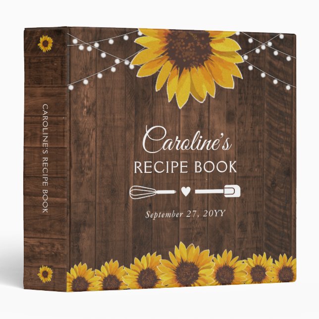Bridal Shower Sunflowers Rustic Recipe Cookbook 3 Ring Binder (Front/Spine)