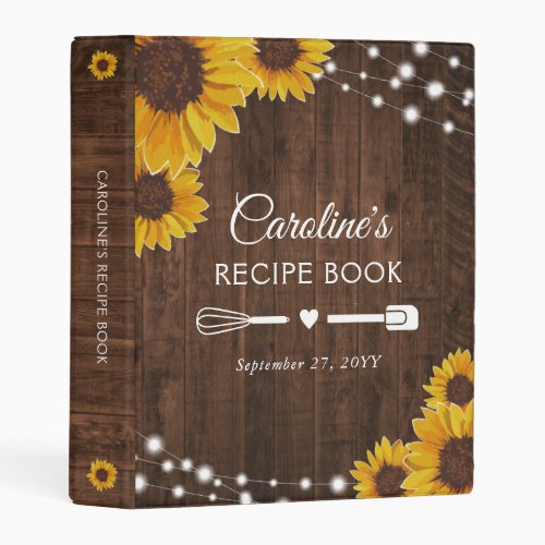 Bridal Shower Sunflowers Rustic Recipe Cookbook Mini Binder