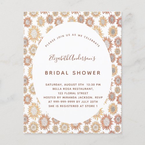 Bridal Shower sunflowers white gold budget Flyer