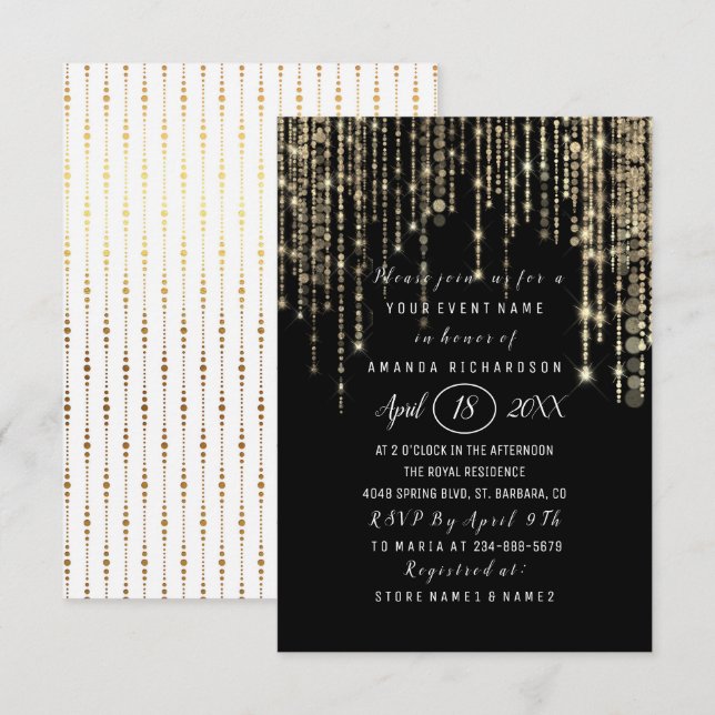 Bridal Shower Sweet 16th Black White Gold Stripes Invitation (Front/Back)