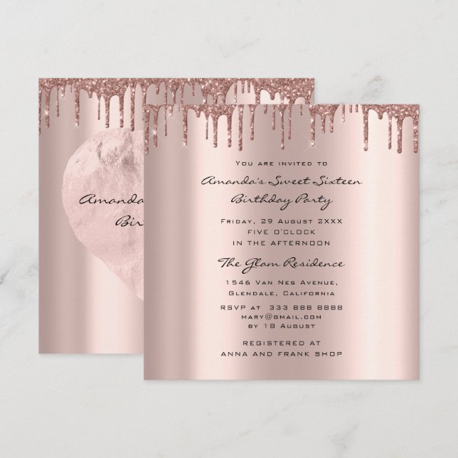 Bridal Shower Sweet 16th Drips Rose Heart Invitation (Front/Back)