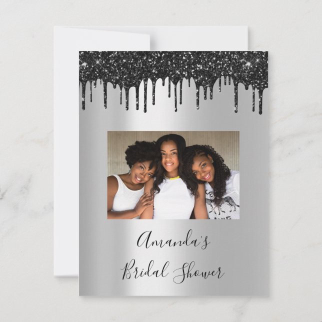 Bridal Shower Sweet 16th Drips Silver Black Photo Invitation (Back)