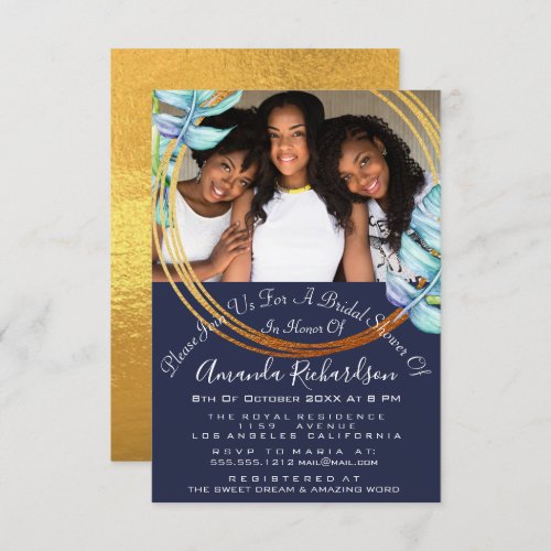 Bridal Shower Sweet 16th Photo Blue Gold Floral Invitation