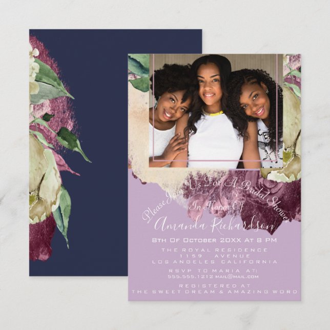 Bridal Shower Sweet 16th Photo Purple Roses Floral Invitation (Front/Back)