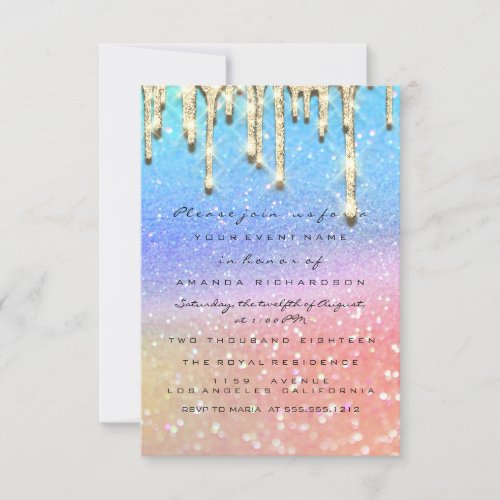 Bridal Shower Sweet 16th Pink Holograph Drips Blue Invitation