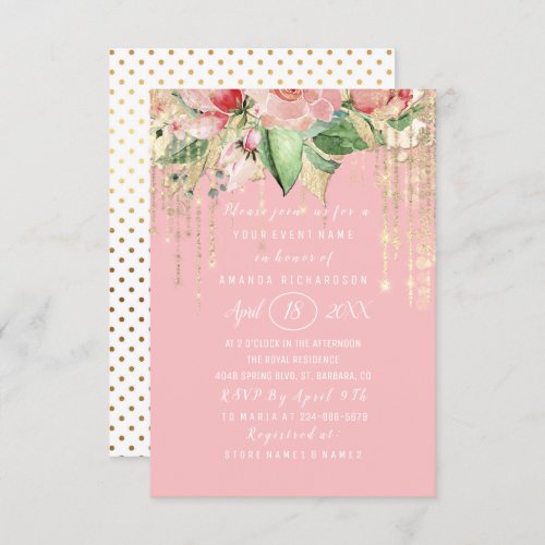 Bridal Shower Sweet 16th Pink Rose Gold Dots Spark Invitation