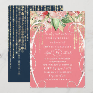 Bridal Shower Sweet 16th Pink Rose Navy Blush Invitation